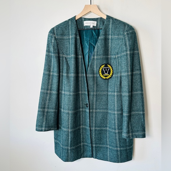 Upcycled OOAK Vintage Teal Plaid Pane Lapel-less Long Blazer Jacket  By Jones NY - Picture 2 of 5